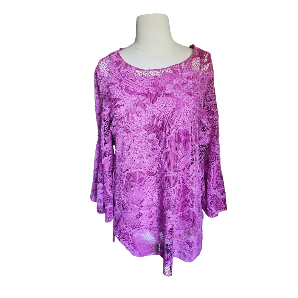 Ali Miles Layered Lace Fairy Boho Blouse Womens S Fuschia Feminine Bell Sleeve